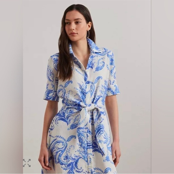 NWT Lauren Ralph Lauren Paisley Tie Front Linen Shirtdress - Picture 3 of 9